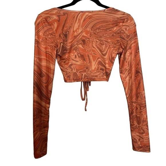 Shein Marble Swirl Print 70’s Retro Long Sleeve Tie Front Ultra Crop Top - Picture 8 of 8